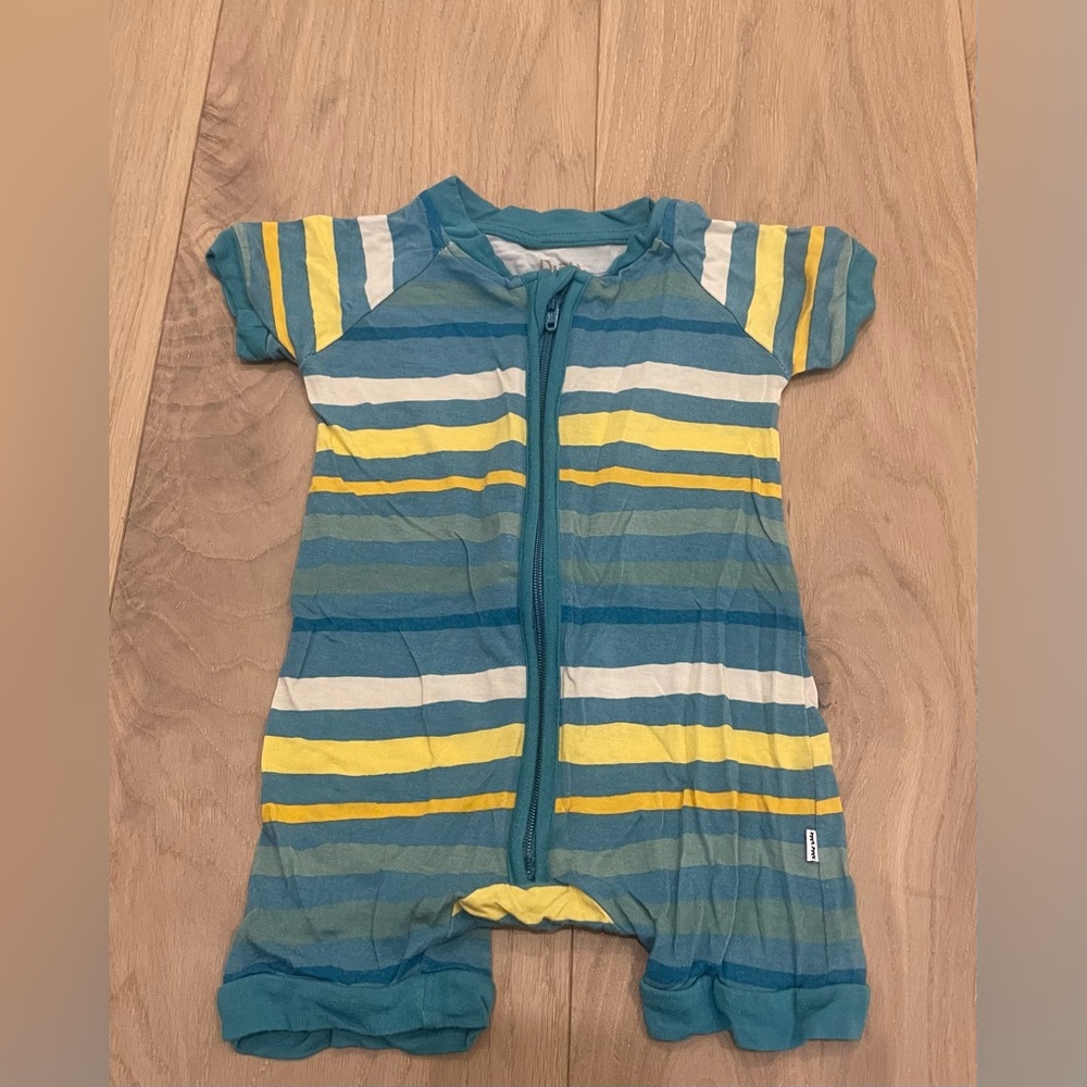 Play by little Sleepies striped  Shorty zippy Teal, Yellow and white
